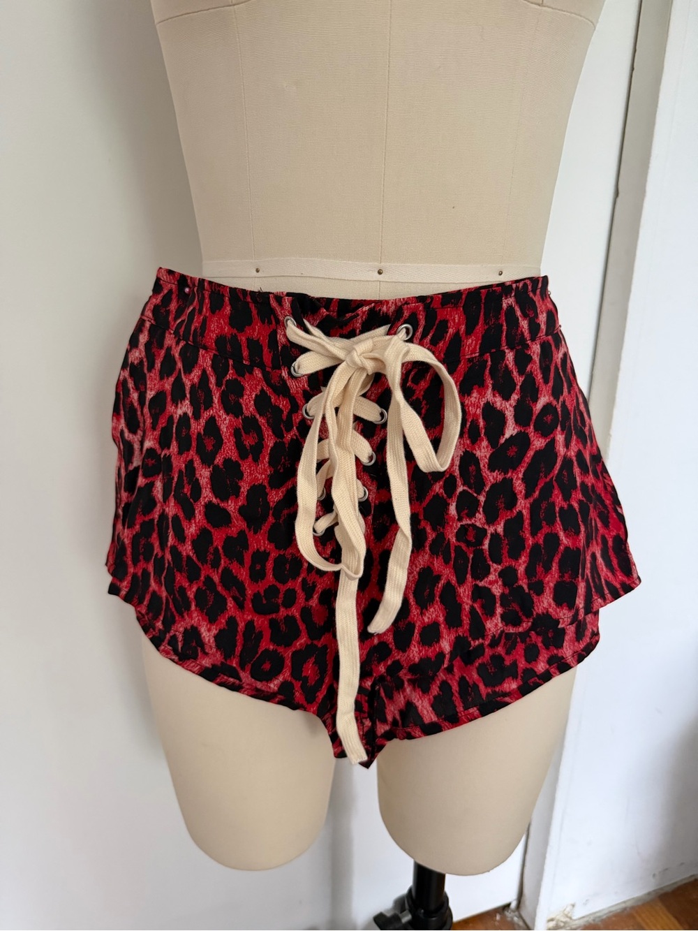 Red Leopard Print Lace-Up Women’s Booty Shorts